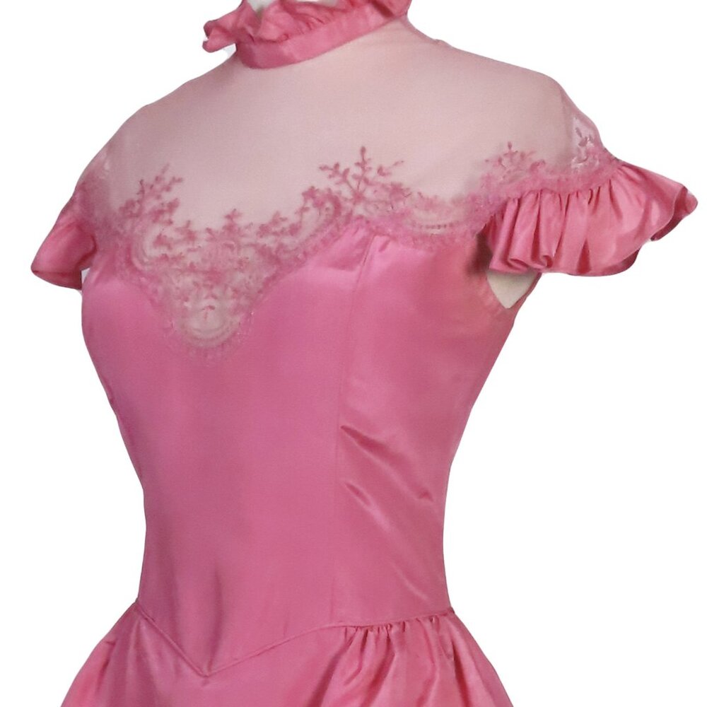 Vintage 70s 80s Pink Ruffle Sleeve Neck Taffeta Prom Gown Party Prom Dress S M - Picture 11 of 14